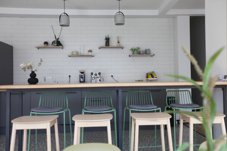 Kitchen lounge area in a modern coworking space in Sarajevo.