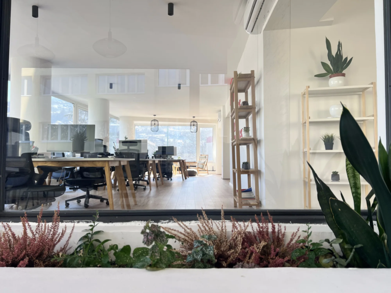 Pogled na radne stolove kroz prozor u Motiff coworking prostoru u Sarajevu, sa biljkama i policama